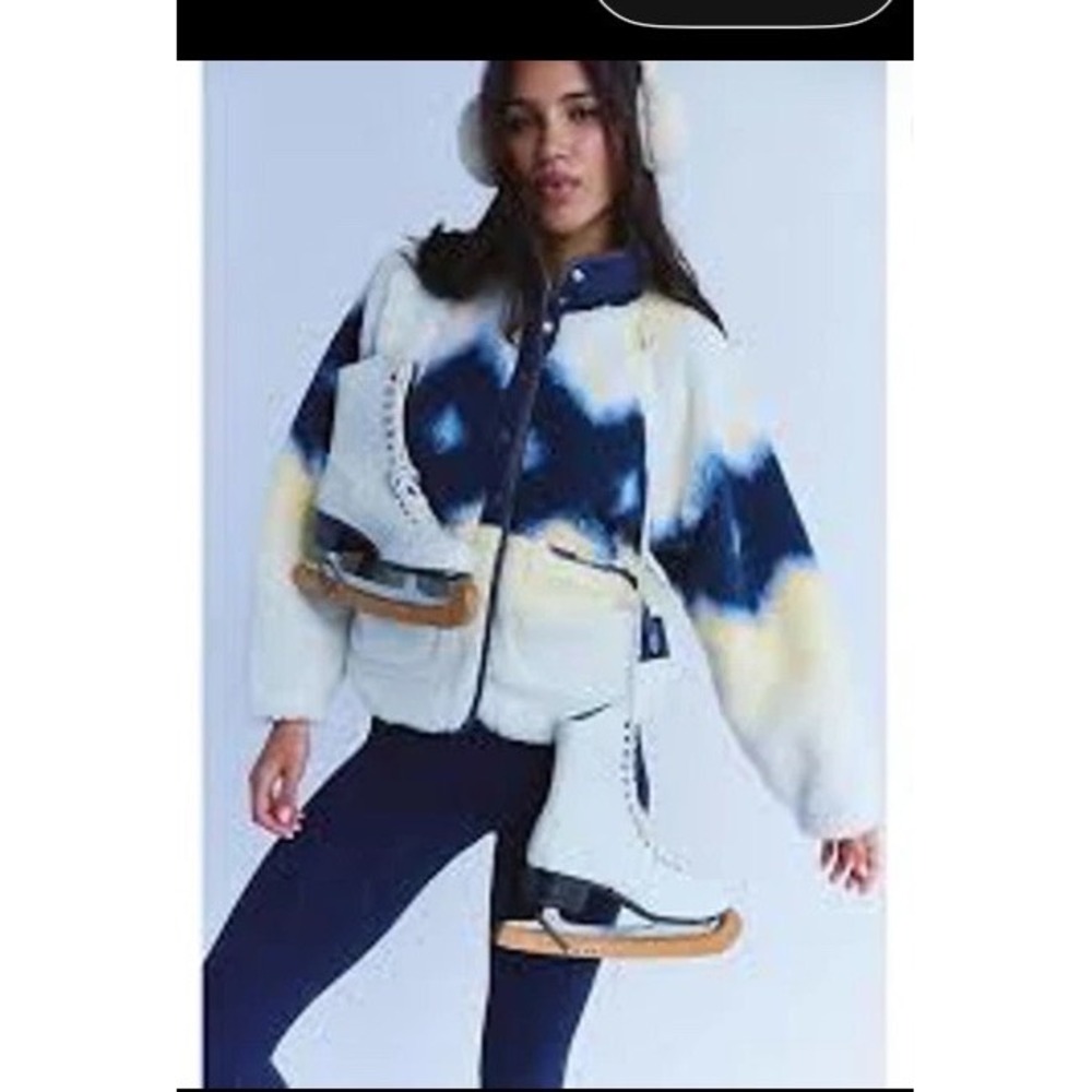 Free People Movement Hit The Slopes Fleece Jacket Blue Yellow Tie Dye M NEW